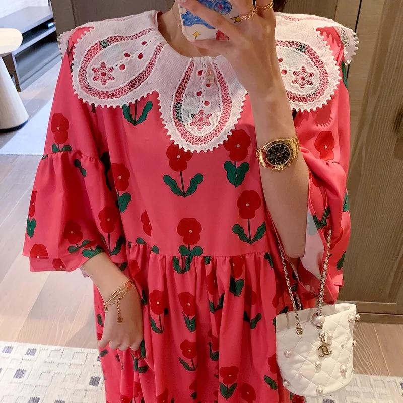 

Korejepo Women Dress 2021 Summer New Korean Chic Vintage Sweet Pink Floral Lace Stitching O-neck Long Sleeve Loose Long Dresses