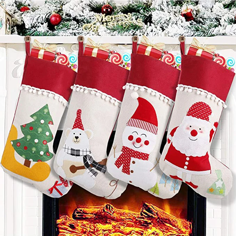 

Christmas Stockings Santa Claus Big Plush Socks Gift Bags Burlap Style Xmas Tree Decor Home Ornament Holiday Party Supplies