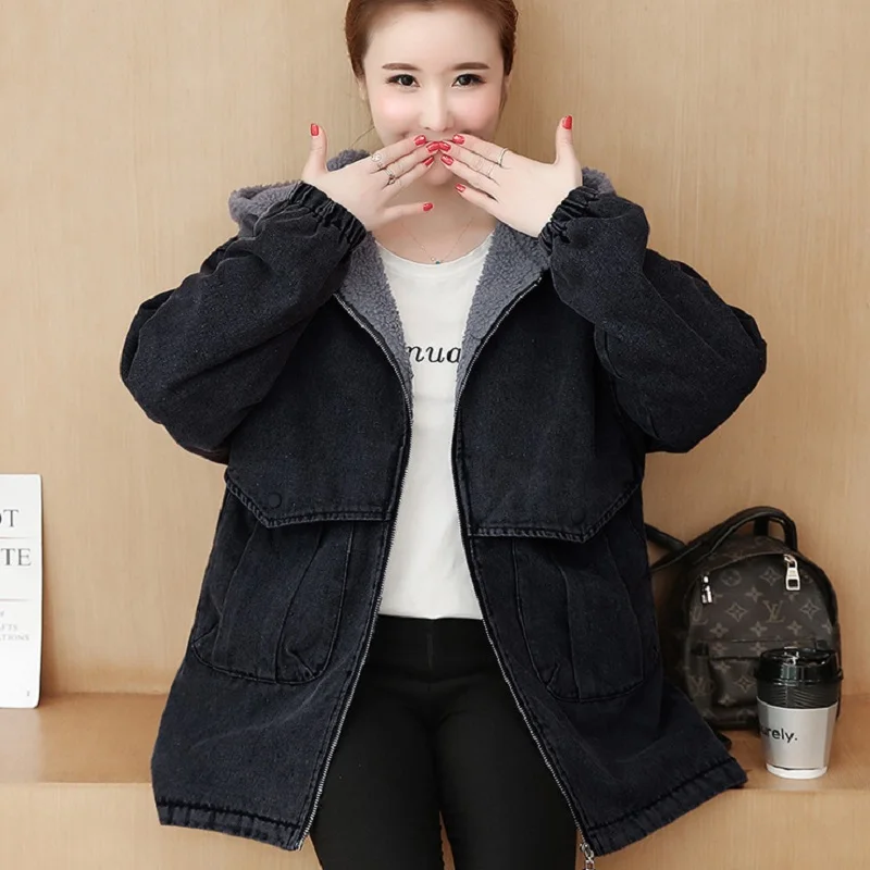 

Women Cotton Jacket Lamb Wool Coat Winter Loose Thick Mid-length Denim Hooded Fashion Embroidery Pocket Female Zipper Jacket