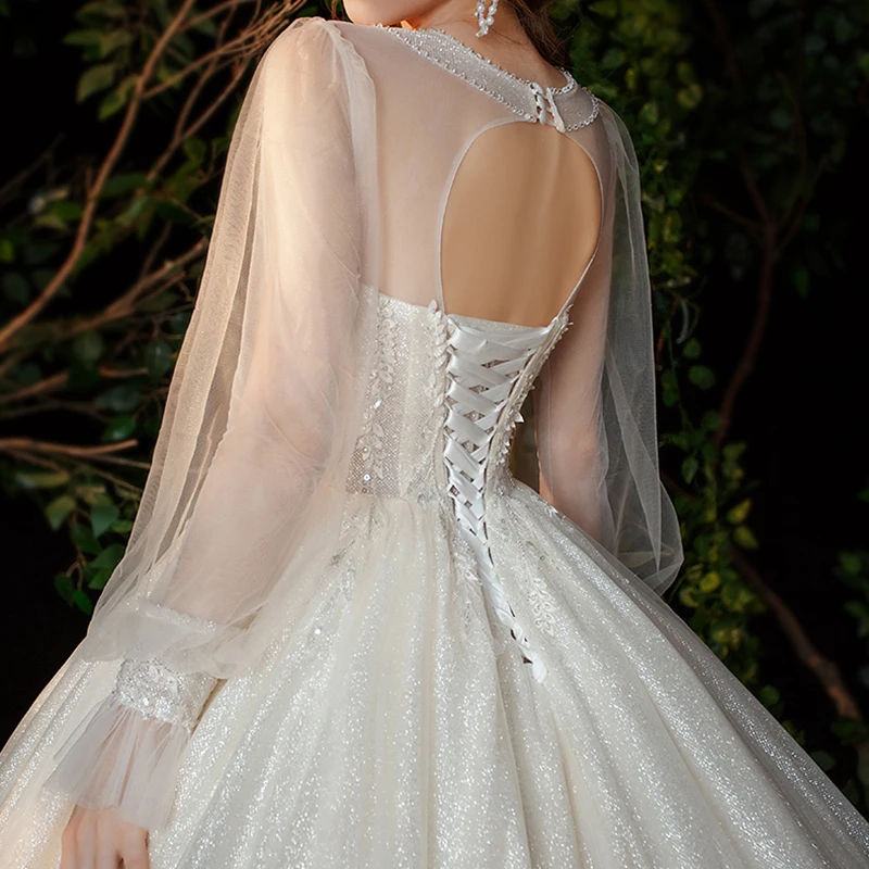 

White Wedding Dress O-Neck Embroidery Full Puff Sleeves Backless Simple Bling New Luxury Lace up Long Women Bride Dresses B027