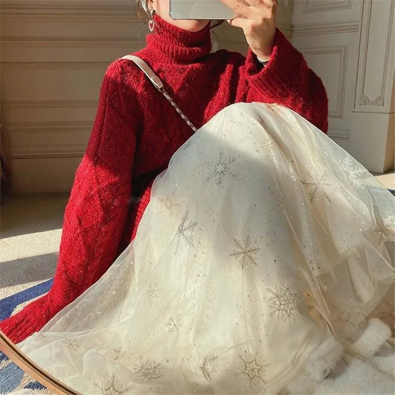 Юбка сетчатая Женская средней длины с вышивкой в виде снежинок Осень-зима 2021 -