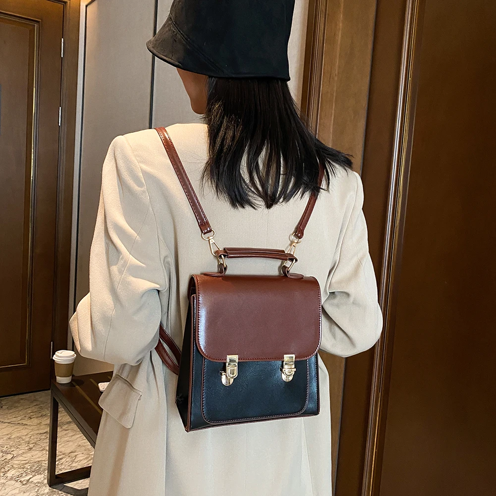 

Fashion Hit Color School Bag Vintage Women PU Leather Hasp Shoulder Bagpack Portable Street Large Capacity Commuter Handbags