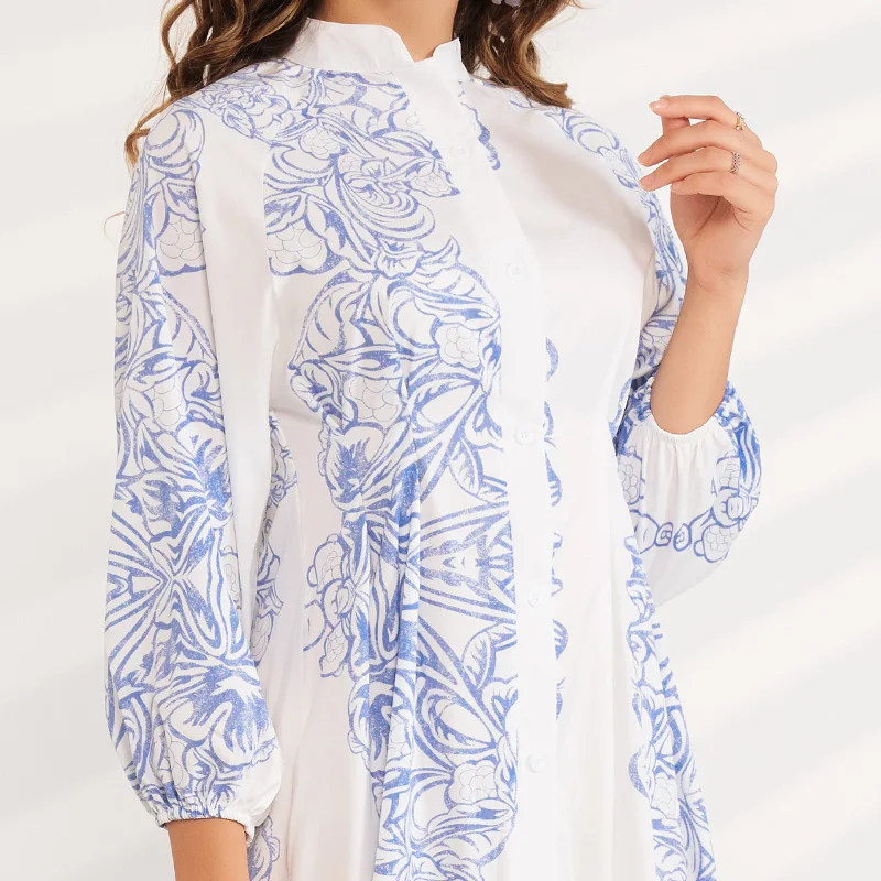 

Summer New Fashion Women's Porcelain Printed Stand-up Collar Waist 7-point Sleeves Mid-length Sweet Holiday Dress