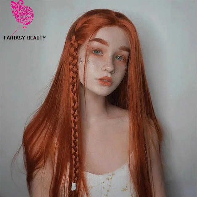 

Fantasy Beauty Orange Synthetic Lace Front Wig Heat Resistant Long Straight Half Hand Tied Front Wig Pre Plucked With Baby Hair