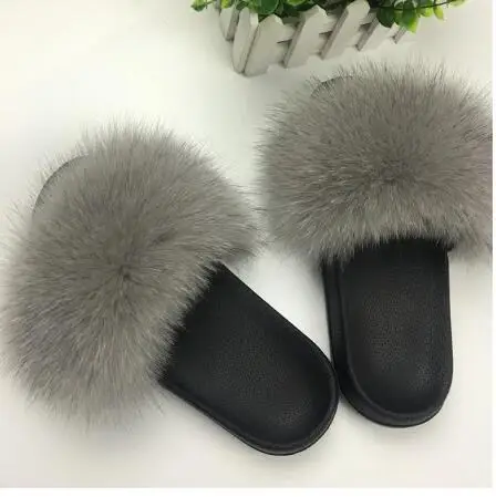 light grey Тапочки унисекс с натуральным лисьим мехом; женские сандалии с мехом; женские меховые шлепанцы; женская пушистая домашняя обувь на плоской подошве; женские кроссовки; Лидер продаж - Цвет: light grey