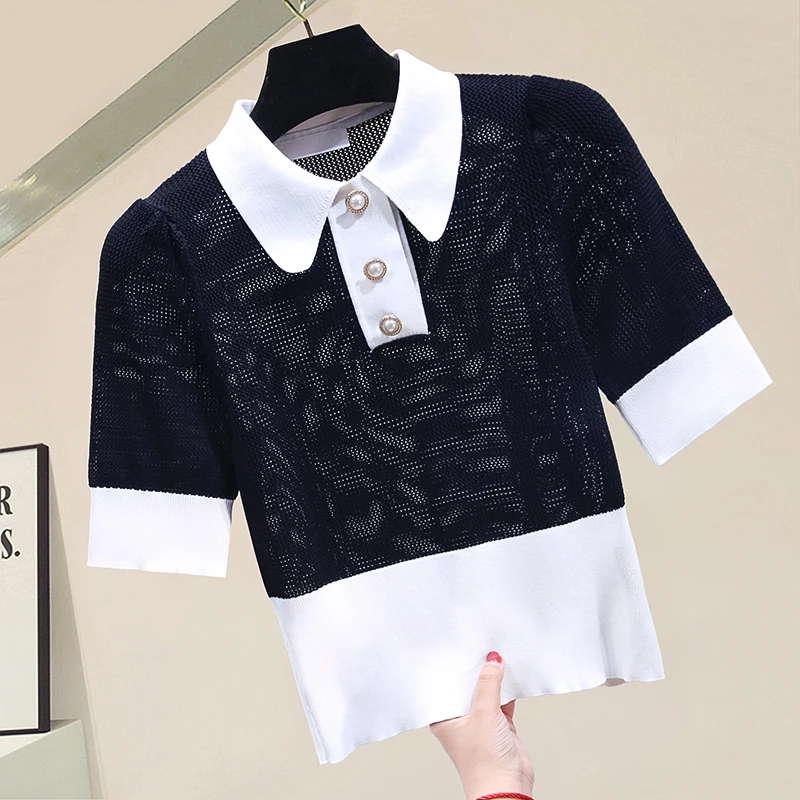

Hollow Out Knitted Blouse Women 2021 Summer Top Blusas De Mujer Color Patchwork Lapel Short Puff Sleeve High Blouses Ladies Tops