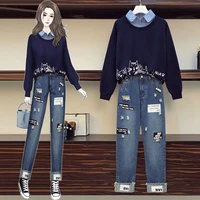 womens pants autumn traf korean letter jeans cartoon cute cat shirt fashion light color cartoon casual suit y2k womens jeans