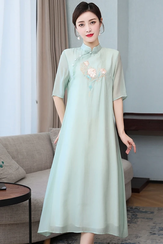 

COIGARSAM Chinese Style Half Sleeve Women Long dress Summer Stand Neck Dresses Pink Light Green 8899