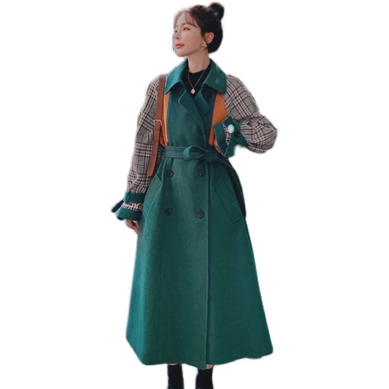 

LANMREM 2021 Autumn Streetwear Turn-down Collar Flare Waist Plaid Pattern Over The Length Warm Green Women Woolen Coat 2A1945