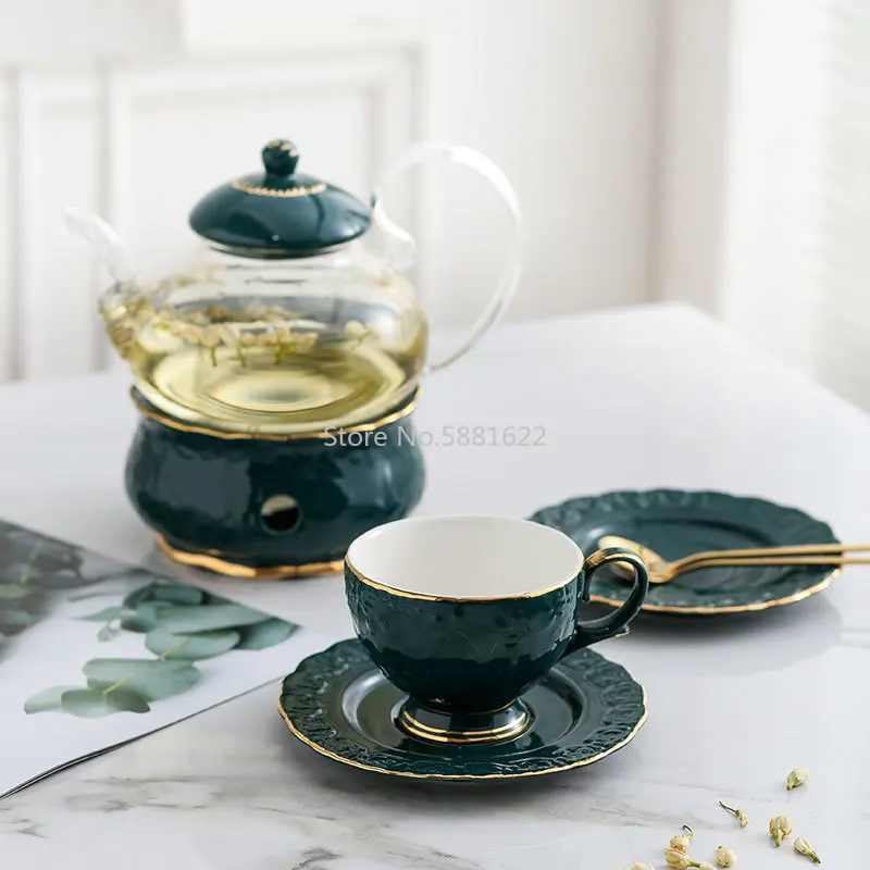 English Afternoon Tea Set Nordic Light Luxury Crown Ceramic Glass Pot Candle Teapot Fruit Flower Tea Pot Set