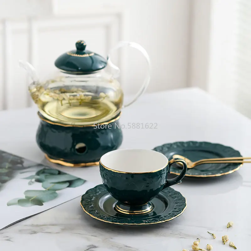 

English Afternoon Tea Set Nordic Light Luxury Crown Ceramic Glass Pot Candle Teapot Fruit Flower Tea Pot Set