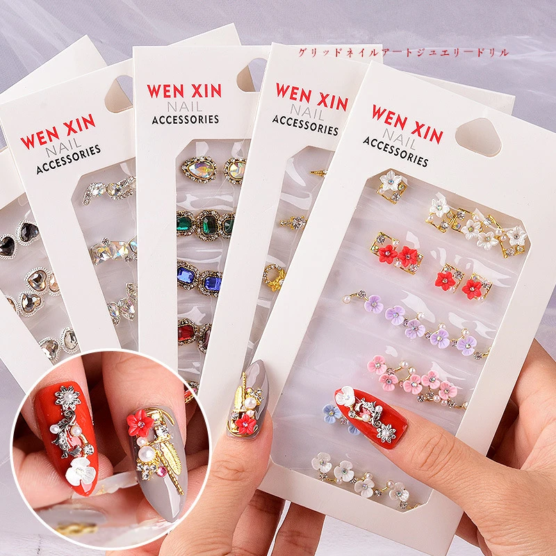 

6 Girds/Pack Mixed Shiny Crystal 3D Nail Art Decorations Natural Shell Stone Pearl Glass Diamonds Alloy Jewelry Accessories