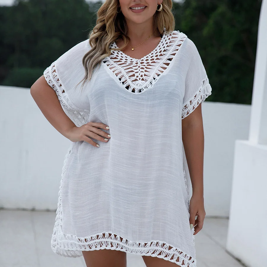 

New Summer Crochet Dolman Sleeve Cover Up Swimsuit Woman Casual White Hollow Beach Dress Plus Size Beachwear Loose Dress 2021