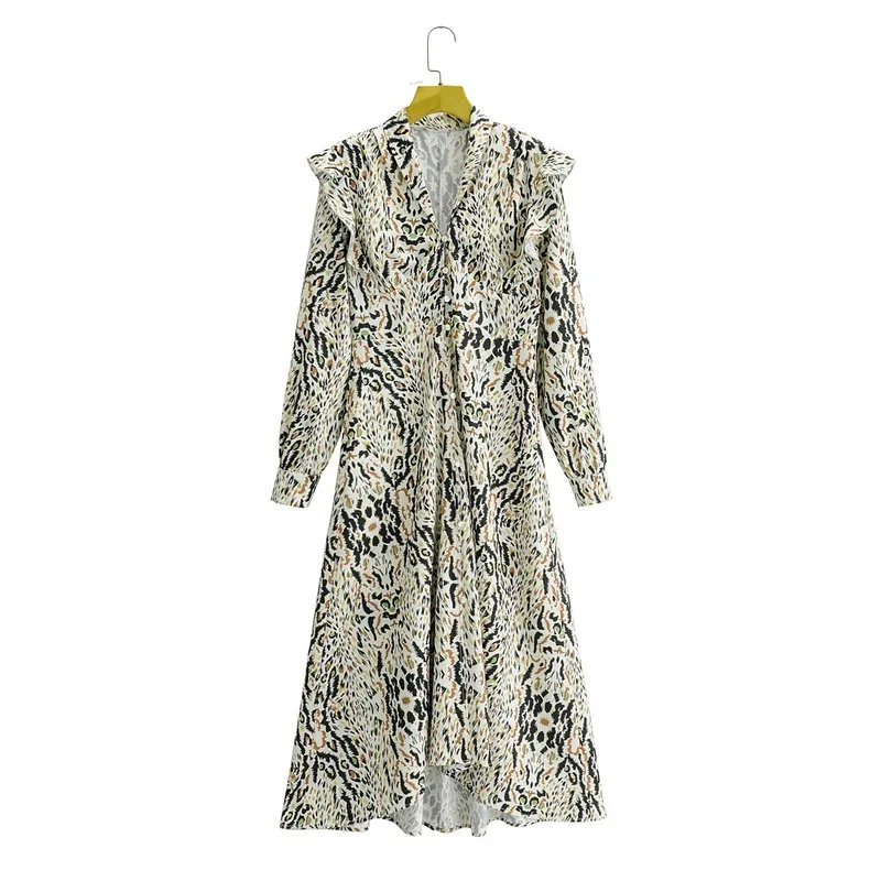 

Vintage Totem Flower Print Front Pleat Chiffon Midi Dress Women Ruffle Lantern Sleeve A Line Casual Chic Female Dresses Vestidos