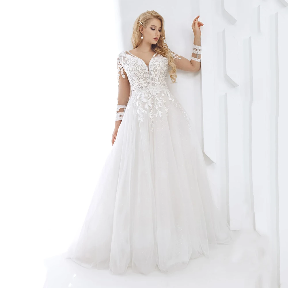 

Women's Plus Size Wedding Dress Bridal Gowns Long Sleeves V Neck Lace Applique Tulle A Line Vestido De Noiva Marriage Dresses