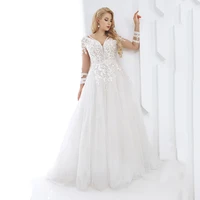 womens plus size wedding dress bridal gowns long sleeves v neck lace applique tulle a line vestido de noiva marriage dresses