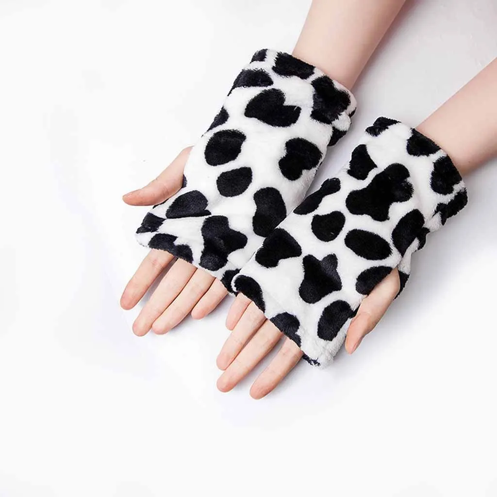 Женские зимние новые толстые фланелевые перчатки с полупальцами леопардовые