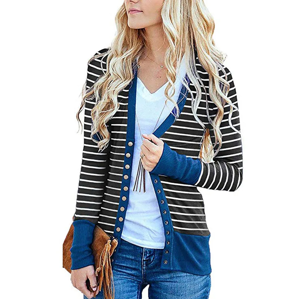 

Women's Long Sleeve Ribbed Neckline Open Front Stripe Snap Button Down Knit Cardigans Sweater Coats