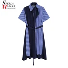Платье-рубашка женское с коротким рукавом, в синюю полоску, с поясом-бантом, Повседневная Уличная офисная одежда для девушек, лето 8229