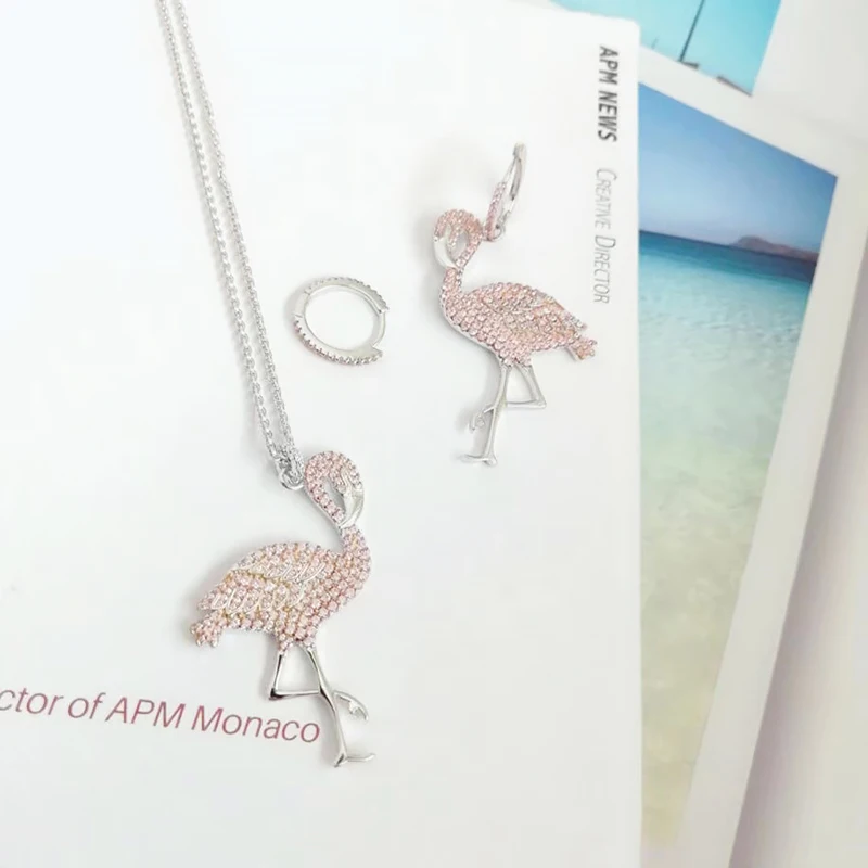 

Pink Flamingo asymmetric Earrings 925 Sterling Silver micro inlaid zircon exquisite fashion elegant personality high end women