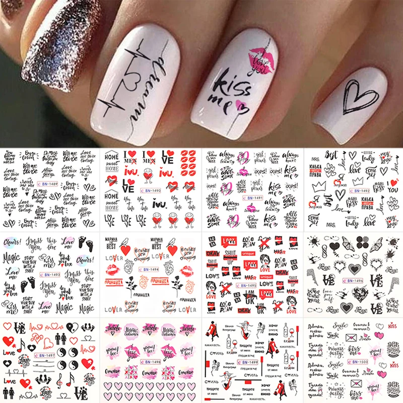 

12pcs Valentines Manicures Love Letter Flower Transfer Stickers For Nails Inscriptions Nail Art Decoration Water Sliders Tips