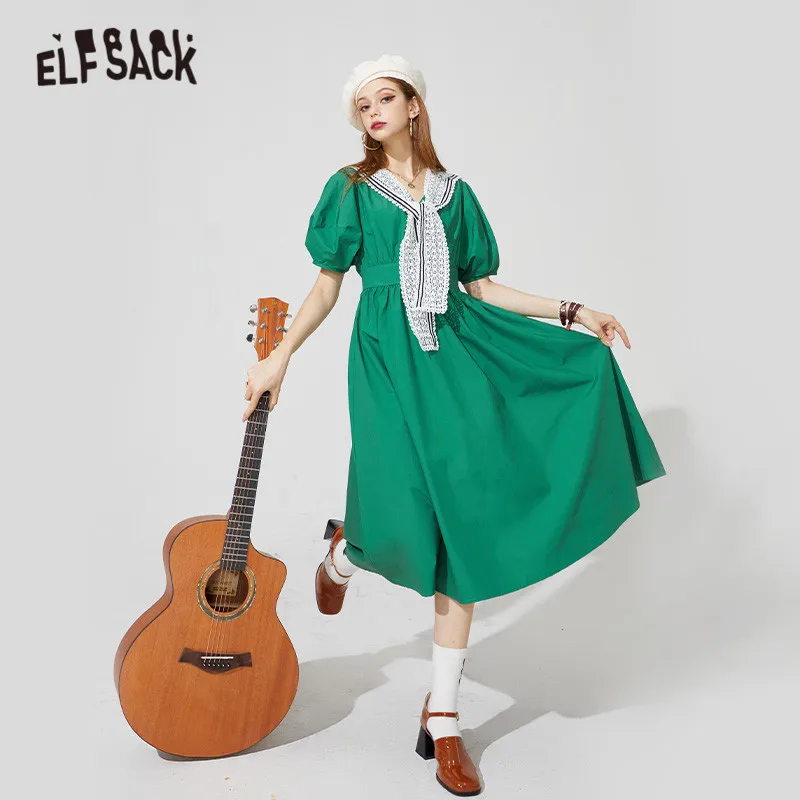 

Женское платье ELFSACK, однотонное повседневное винтажное платье с пышными рукавами и высокой талией, Повседневные Вечерние платья, лето 2021