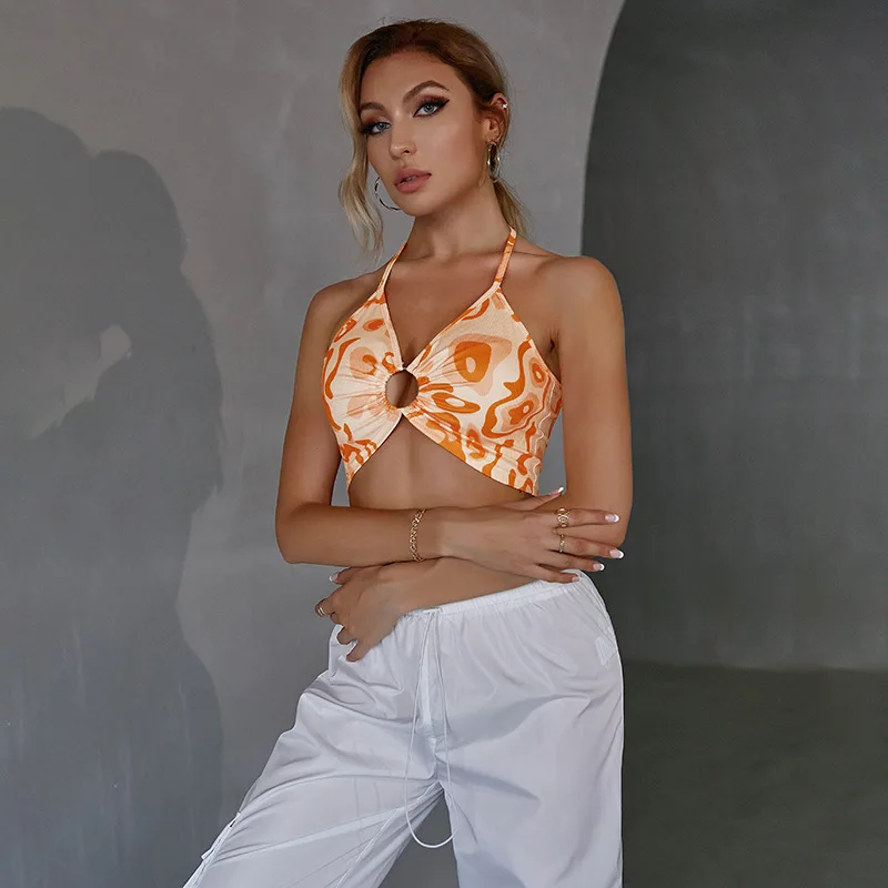 

Summer 2021 Orange Leopard Print Women Vest Lace Up Halter Crop Top Sexy Hollow Out Backless Camisole Spaghetti Strap Tank Tops