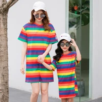 mom and daughter dress summer rainbow stripes short sleeve mother daughter clothes fashion kids dresses for girls family look