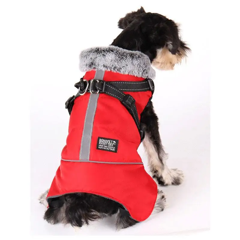

New Dog Clothes Harness Waterproof Reflective Winter Warm Padded Fur Collar Dog Jacket Overalls Small Medium Large Dogs Coat