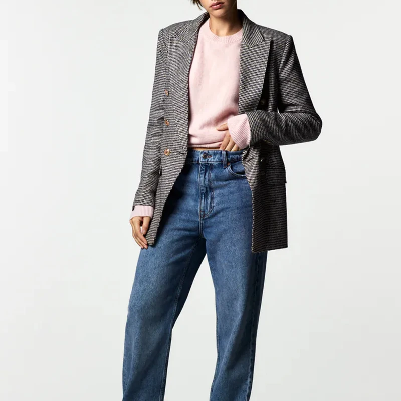 

Женский блейзер с длинным рукавом, повседневный двубортный блейзер в клетку, осень 2021