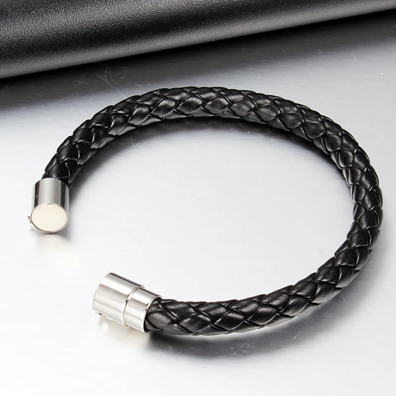 Punk Classic Style Men Women Leather Bracelet Simple Black Stainless Steel Button Neutral Accessories Hand-woven Bangles | Украшения и