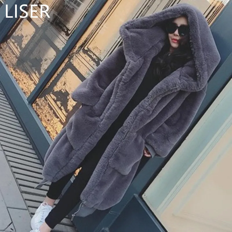 

Новинка зимы 2021, однотонное свободное плотное теплое длинное пальто из искусственного меха кролика с капюшоном, Женская куртка LL486