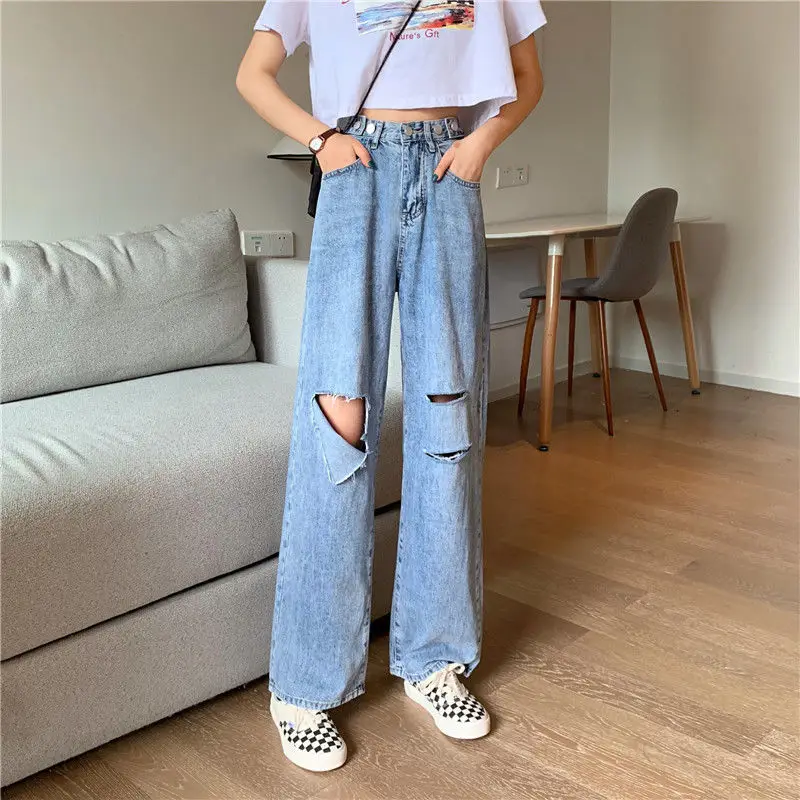 

New Vintage Loose Jeans For Women Jeans Hole Blue Denim Pants Streetwear High Quality High Waist Wide Leg Women Jeans Trousers
