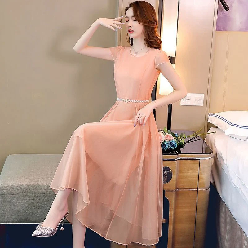 

High Grade Vestido Summer Femininity Long Dresses Slim Elegant Empire Waist Short Sleeves A-Line Dress Chiffon Plus Size Dresses