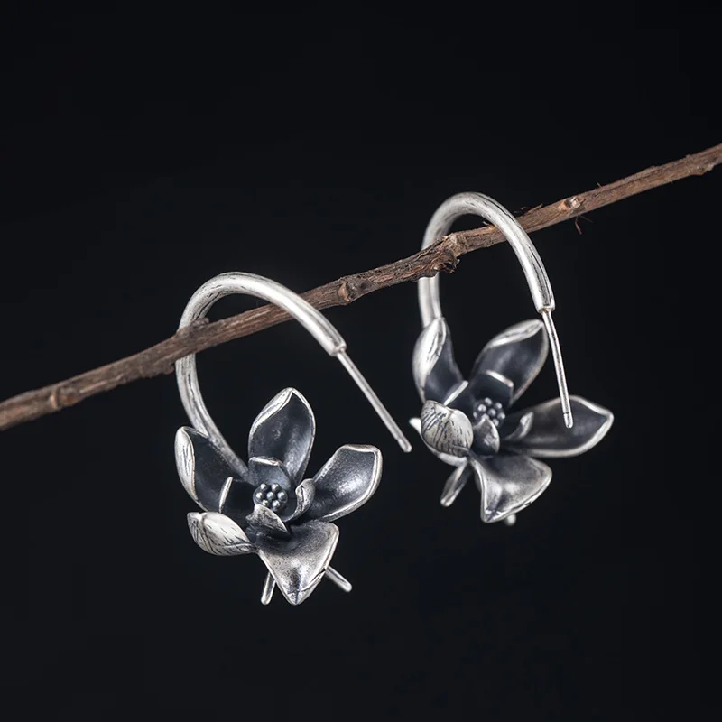 

JUXO S925 Sterling Silver Vintage Distressed Earrings Ladies Court Ancient Style Hanfu Lotus Butterfly Pendant Earrings Gift