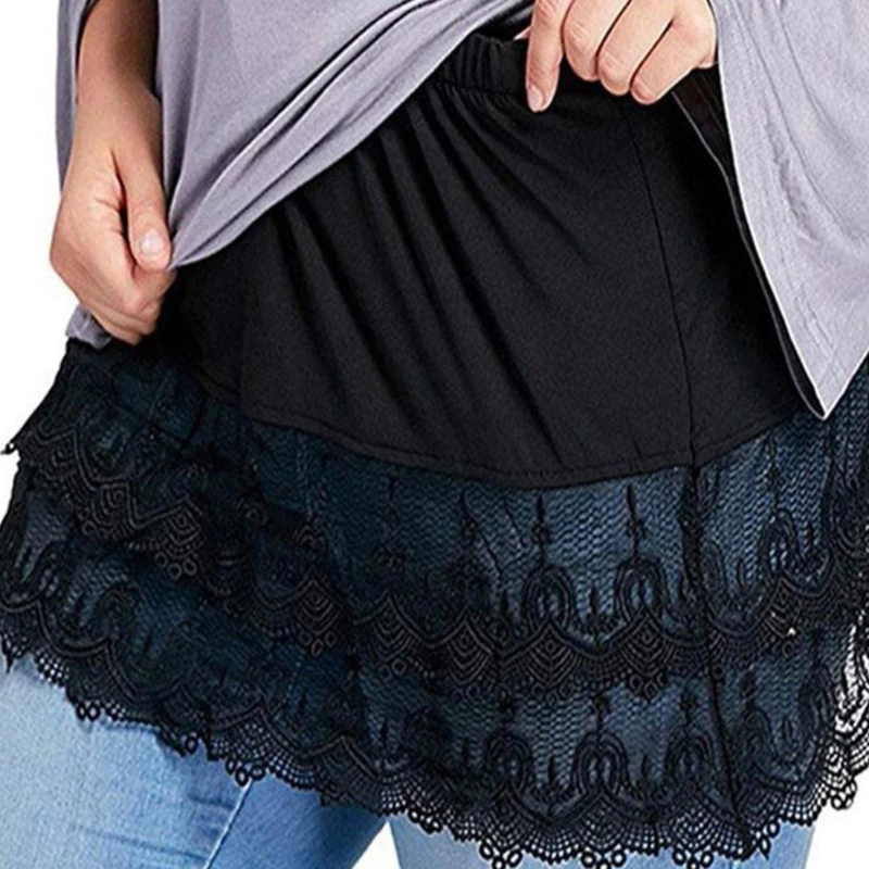 

Fashion Women Solid Color Elastic Waist Layered Tiered Sheer Lace Trim Extender Half Slip Mini Skirt Clothes