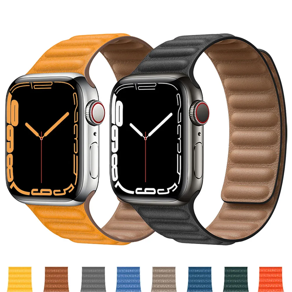 

Leather Link For Apple watch band 44mm 40mm 41mm 45mm watchband original Magnetic Loop bracelet iWatch series 3 5 4 SE 6 7 strap