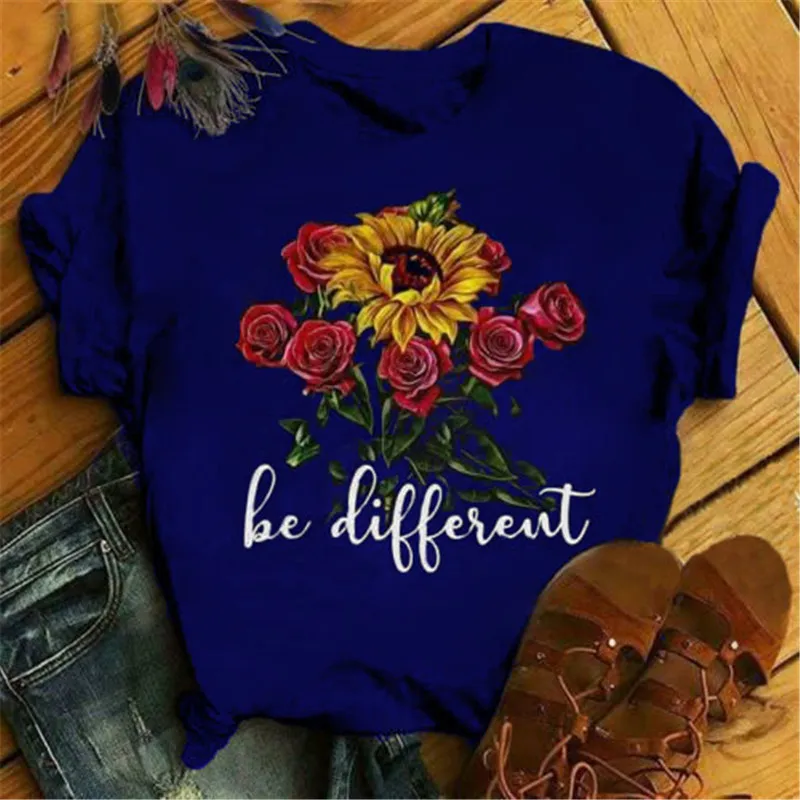 

Floral Letter Graphic Flower Print T-shirt Women Y2K Summer Clothes Plus Size 5XL Round Neck Short Sleeve Tee Shirts Female