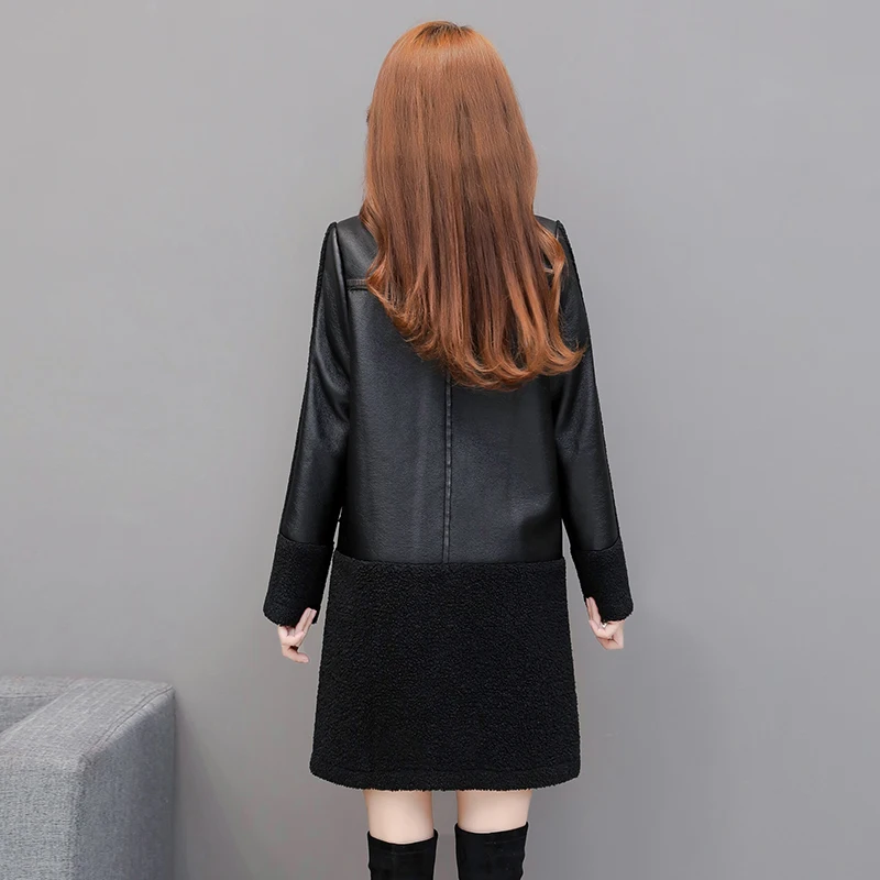 Women Leather Coat Autumn Winter Fashion Thicken Warm Jacket Flocking Sheepskin Suede Overcoat Mid-length Outerwear Female