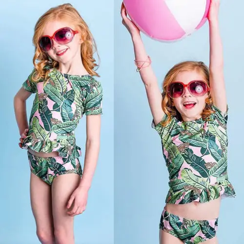 Новый стильный комплект одежды с зелеными листьями для маленьких девочек летняя