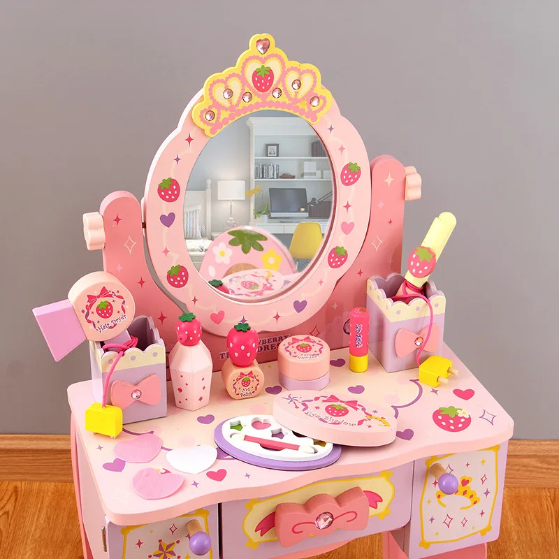 Wooden Dresser Table with Chair Set for Girls, Pink Bedroom Makeup Table and Toys for Kids image 4