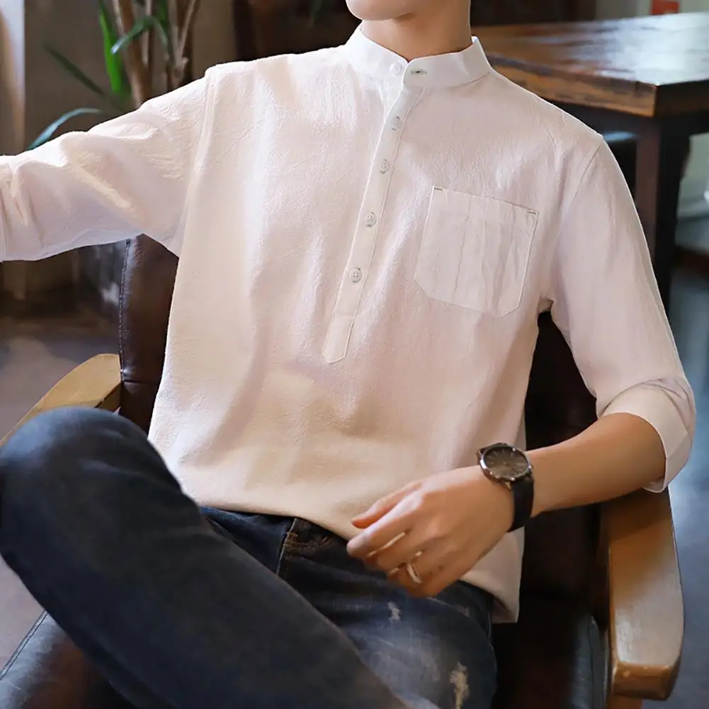

Men Casual Stand Collar Blouse Three-quarter Sleeve Cotton Linen Shirt Male Top