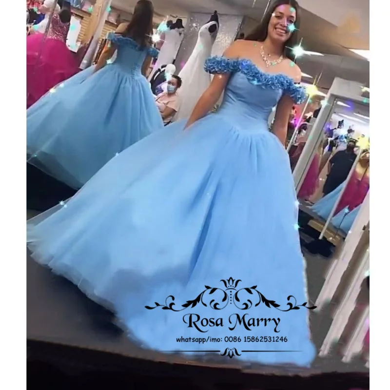 

Женское бальное платье Cinderella, голубое платье 16 Quinceanera 2022 с открытыми плечами и 3D цветами, дешевые платья для отладки 15 лет
