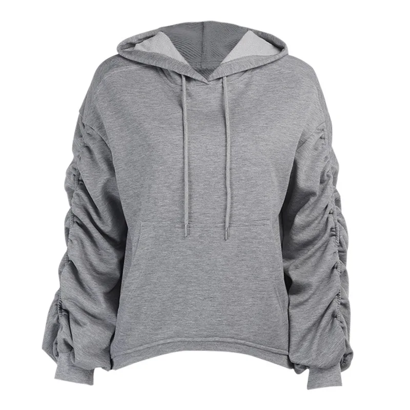 

Femme Streetwear Piled Sleeves Women's Sweatshirt Hooded Spring Loose Hoodies Solid Color Pocket Pullover Tops Sudaderas Casual