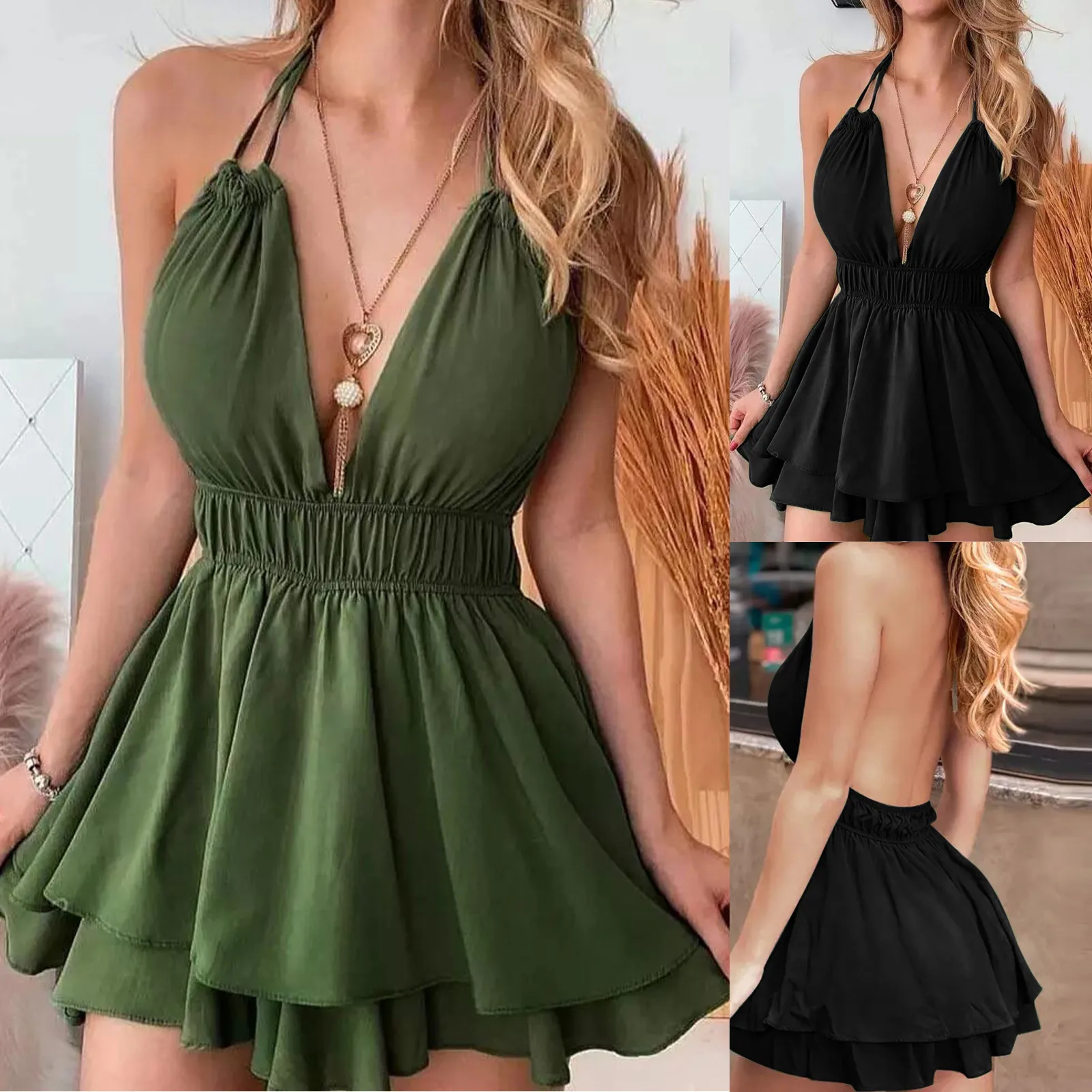 

Sexy Dresses Woman Summer Fashion Pure Color Sexy Deep V-Neck Sleeveless Spaghetti Slim Body Pleated Wrap Hips Long Dress