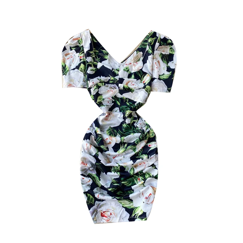 

2021 Temperament Fashion Spring New Vestidos Female Pleated Slim V-neck Print Bag Hip Mini Dress C230