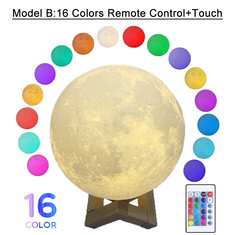 16 Colors Remote 3D принт Лунная лампа 20 см, 18 см, 15 см, цветной сменный перезаряжаемый сенсорный USB светодиодный Ночной светильник с регулируемой яркостью, украшение дома, креативный подарок - Испускаемый цвет: 16 Colors Remote