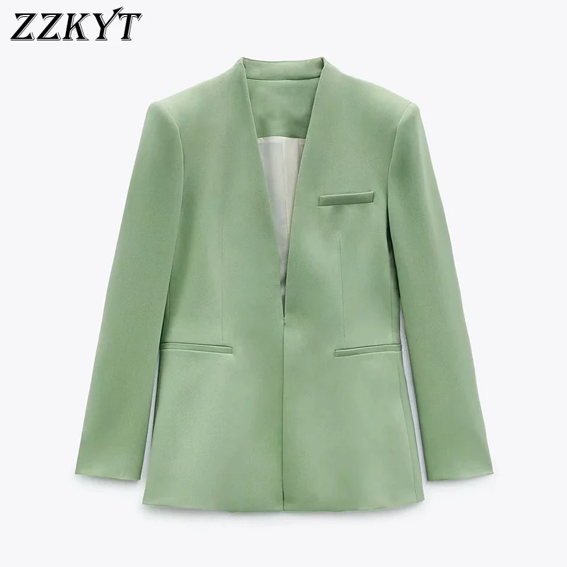 

ZZKYT 2021 Женская Весенняя винтажная куртка сплошная модная открытая строчка с длинным рукавом карманы офисные женские шикарные топы для женщ...