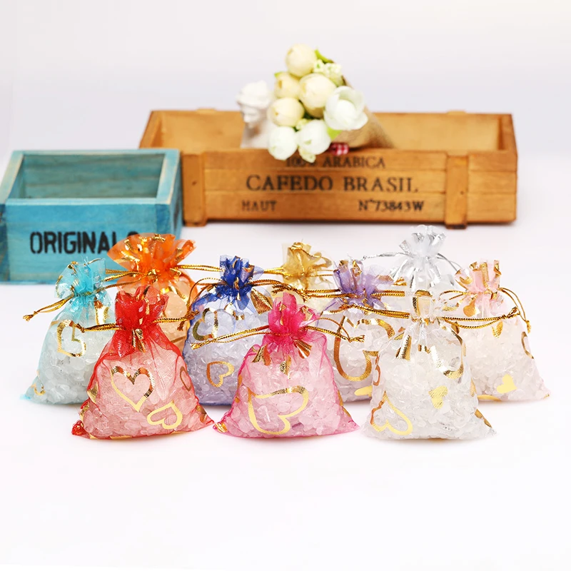 

50pcs Jewelry Bag Drawstring Pouch Nice Charms Gifts Jewelry Packaging Bags Small Organza Bags Hearts Design Wedding