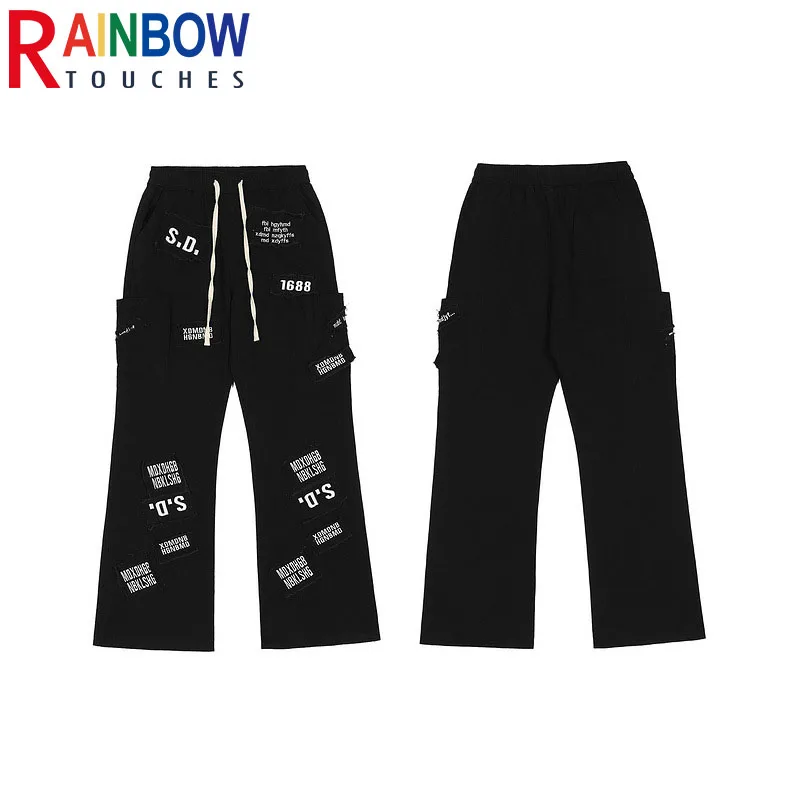 

Rainbowtouches Fashion Classic Brand Men's Cargo Pants Print Trousers Loose Straight High Street Style Overalls Black Wide Legs